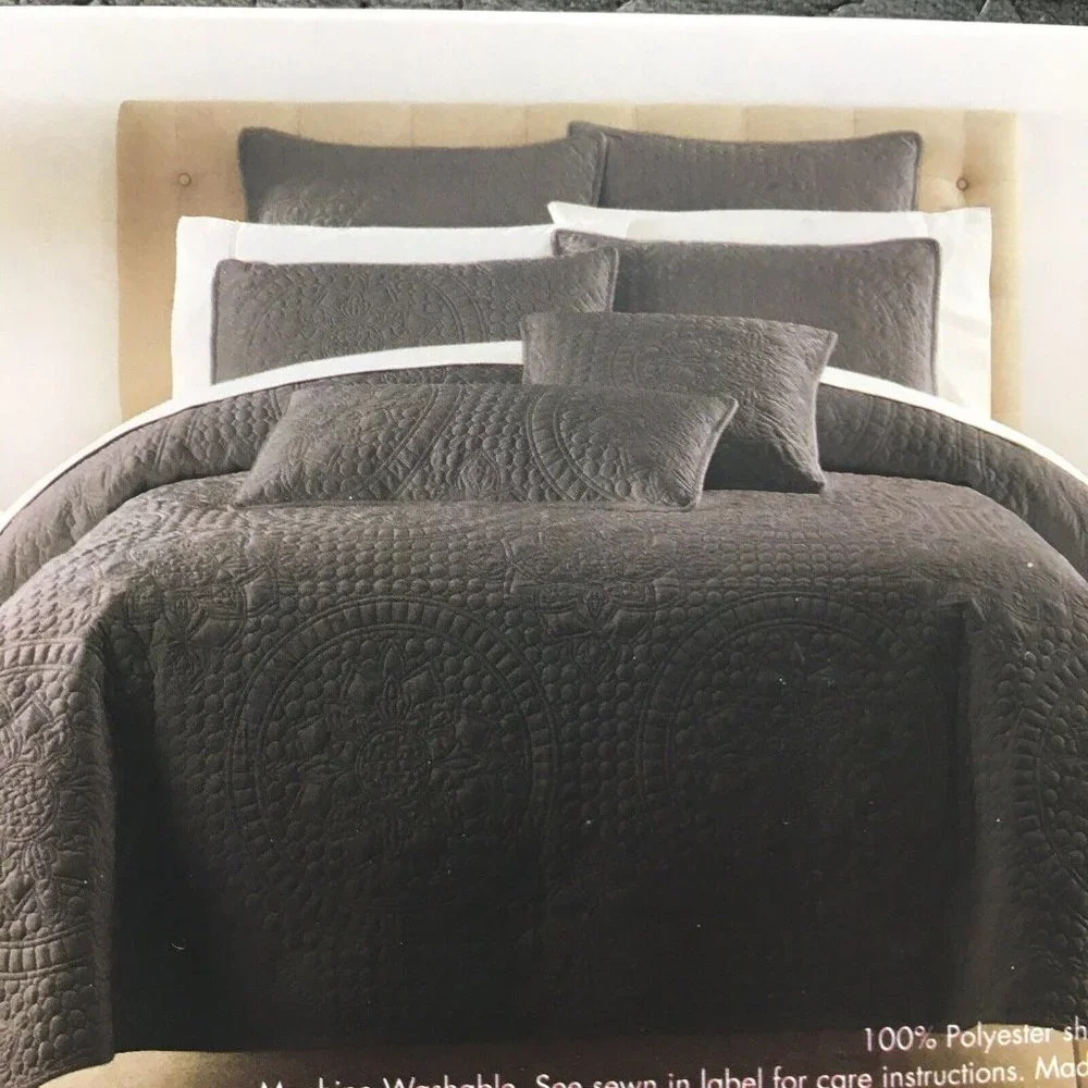 3pc Tahari Charcoal Gray Medallion Holland KING Velvet Quilt Sham Set Designer